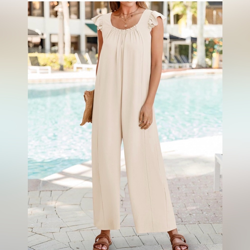 Wide Leg Ruffle Sleeve Jumpsuit in Cream - Picture 3 of 7